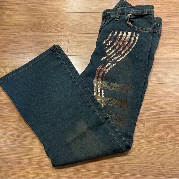 AMNS Jean's Original Amnesia Y2K Dirty Wash Mid Rise Flared Jean - Picture 9 of 16